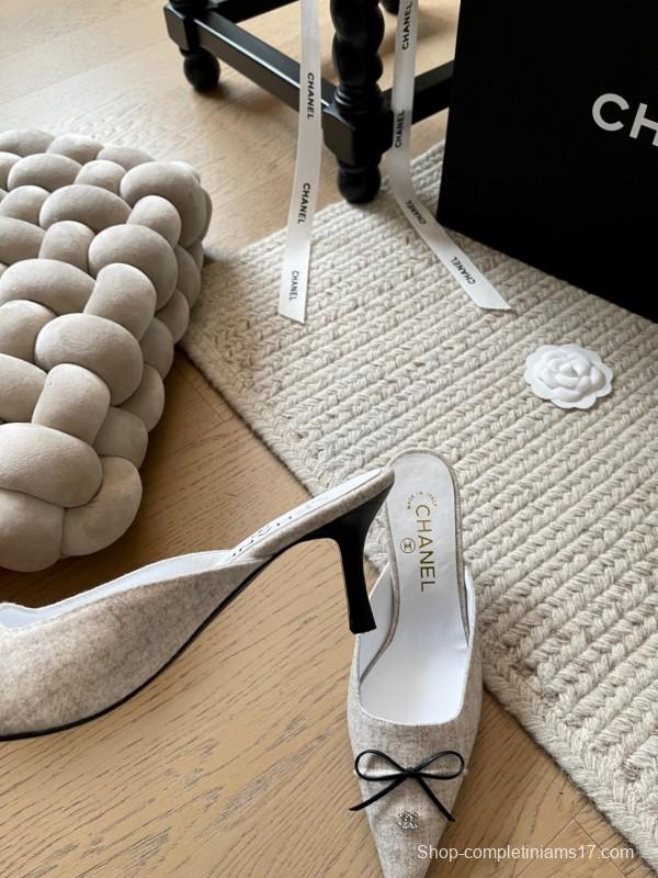 2025 Women Chanel Beige Fabric Pointed Toe Mules KFY00290