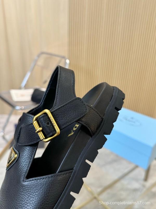 2025 Women Prada Black Leather Sandals LY00280