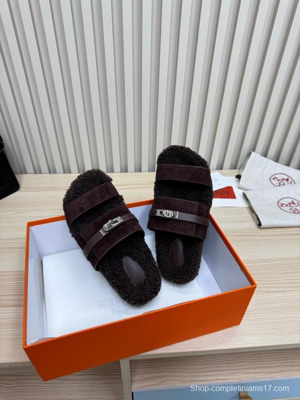 2024 Slippers Hermès Dark Brown Suede Shearling Slippers MJ00300