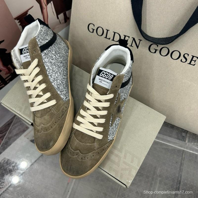 2024 Unisex Golden Goose Deluxe Brand Grey Silver Glitter Suede Leather High-Top Sneakers MJ00300