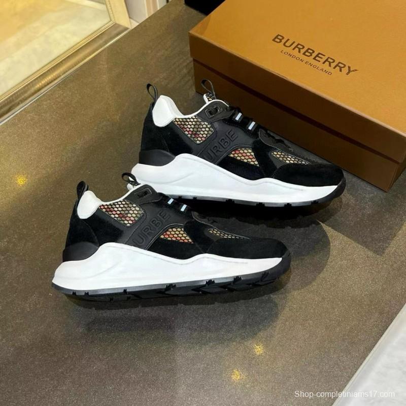 2025 Unisex Burberry Black White Suede Leather Cotton Sneakers Vintage MJ00380