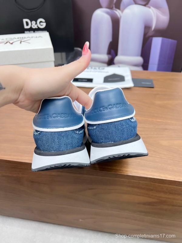 2025 Unisex Dolce & Gabbana Blue Denim Leather Sneakers LY00300