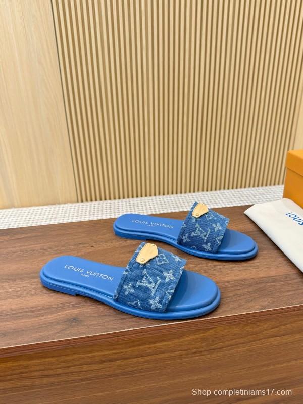2025 Women Louis Vuitton Blue Denim Leather Slippers LY00200