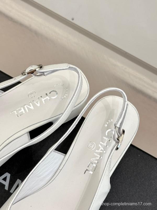 2025 Women Chanel White Black Leather Slingback Heels