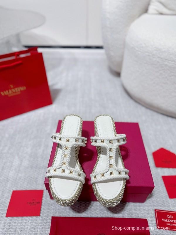 2025 Women Valentino White Leather Wedge Sandals Studs LY00290