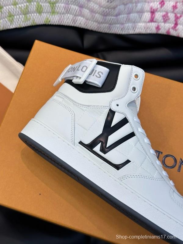 2024 Men Louis Vuitton White Black Leather High-Top Sneakers MJ00420