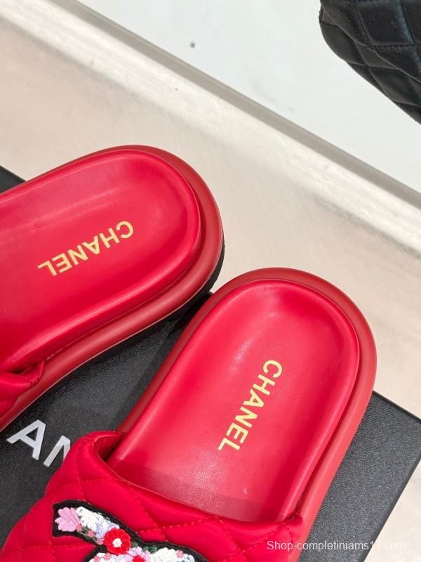 2025 Slippers Chanel Red Quilted Sequins Slide KFY00261