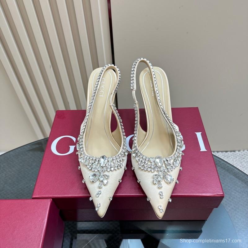2025 Women Gucci Beige Silk Crystal Embellished Slingback Heels KFY00340