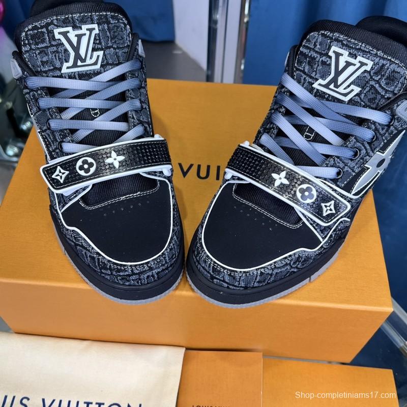 2025 Unisex Louis Vuitton Black Grey Leather Canvas Plimsolls Stitching LV0038