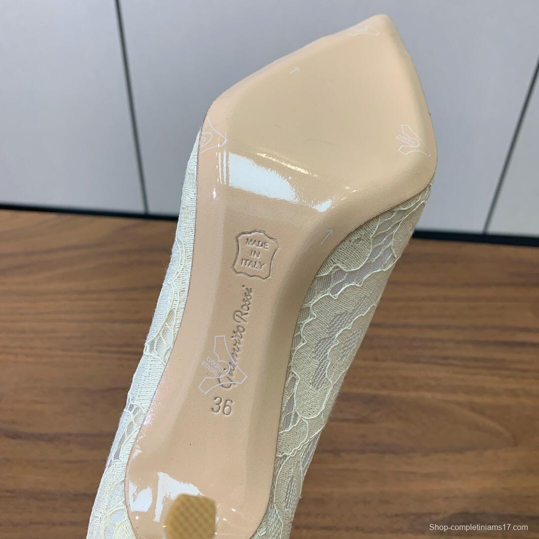 2025 Women Gianvito Rossi White Lace Leather Pumps KFY00280