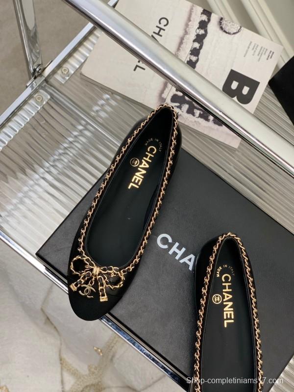 2025 Women Chanel Black Gold Leather Ballet Flats