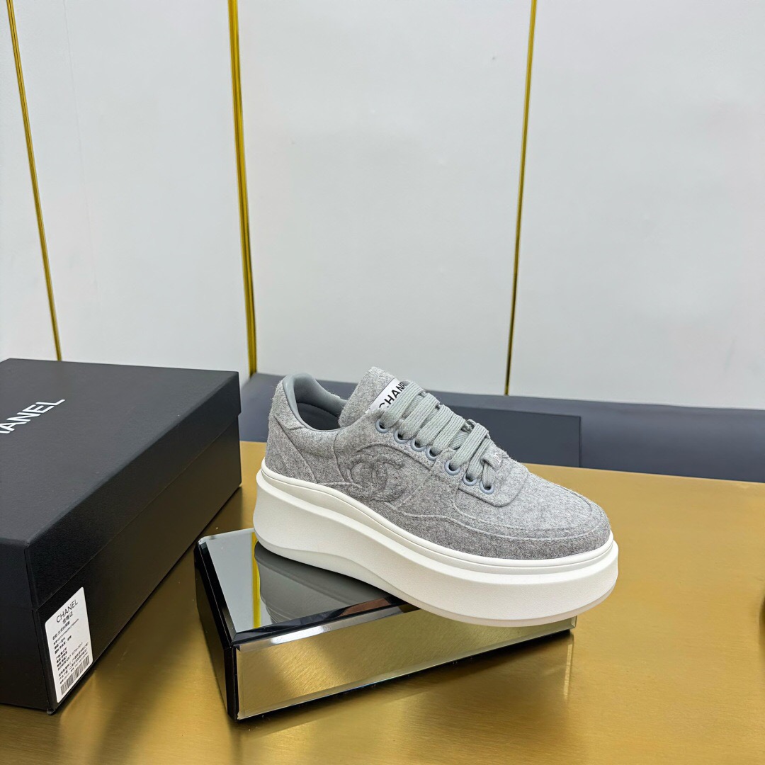 2025 Women Chanel Grey Wool Platform Sneakers
