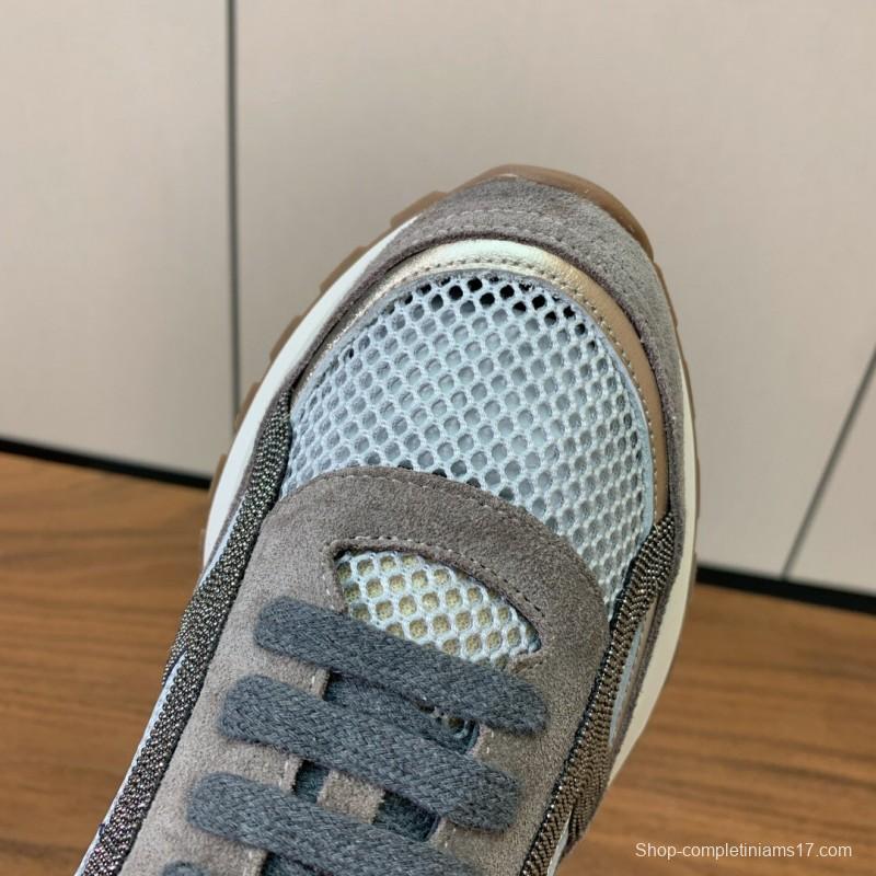 2025 Unisex Brunello Cucinelli Grey Silver Suede Mesh Sneakers
