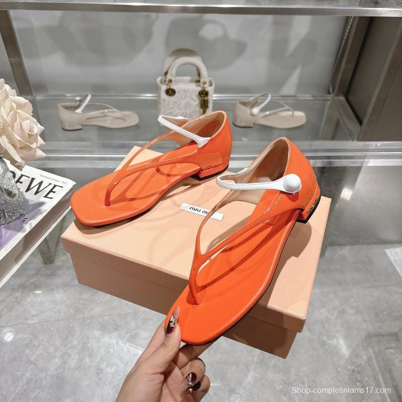 2025 Women Miu Miu Orange Patent Leather T-strap Sandals With Square Toe KFY00289(F)
