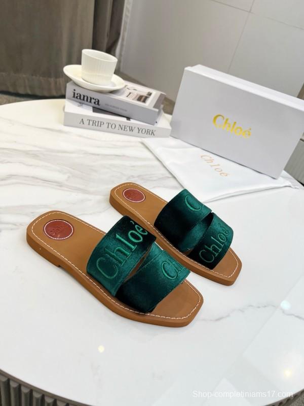 2025 Women Chloé Green Velvet Slippers