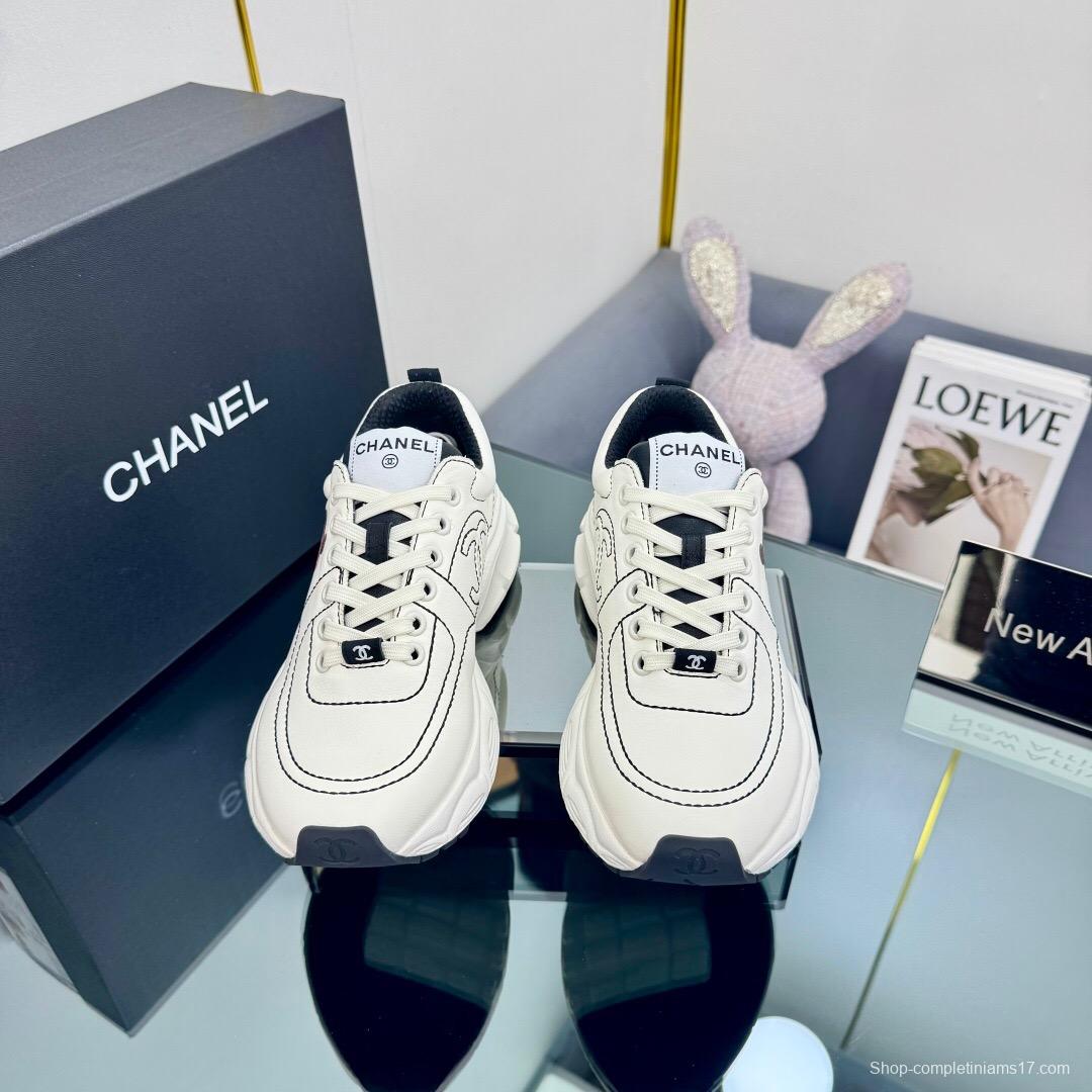 2025 Women Chanel White Leather Sneakers Cartoon Graphic