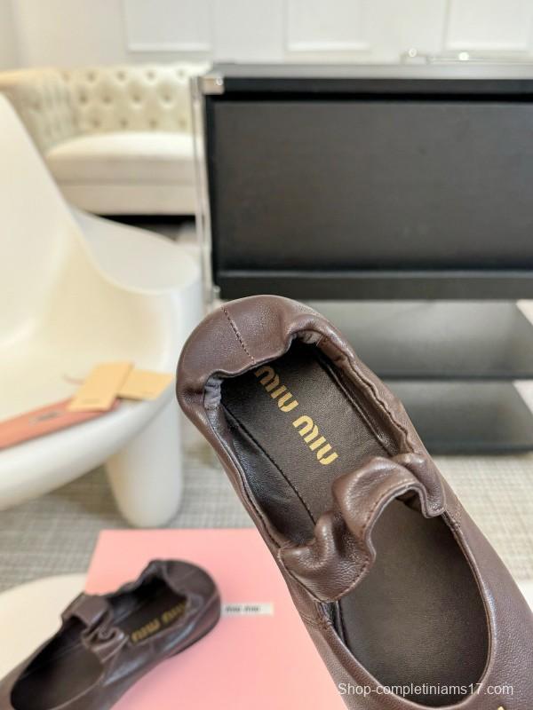 2025 Women Miu Miu Brown Leather Ballet Flats
