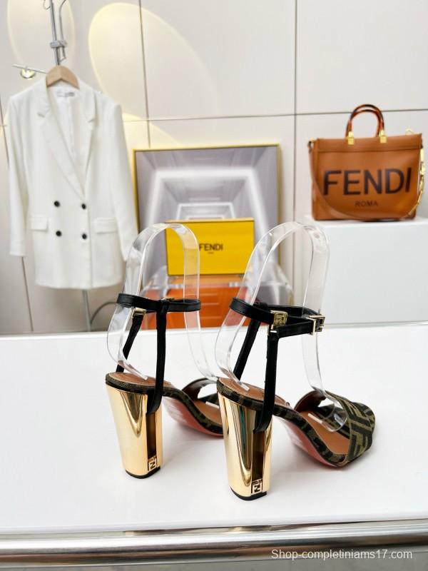 2025 Women Fendi Brown Black Leather Fabric High Heel Sandals