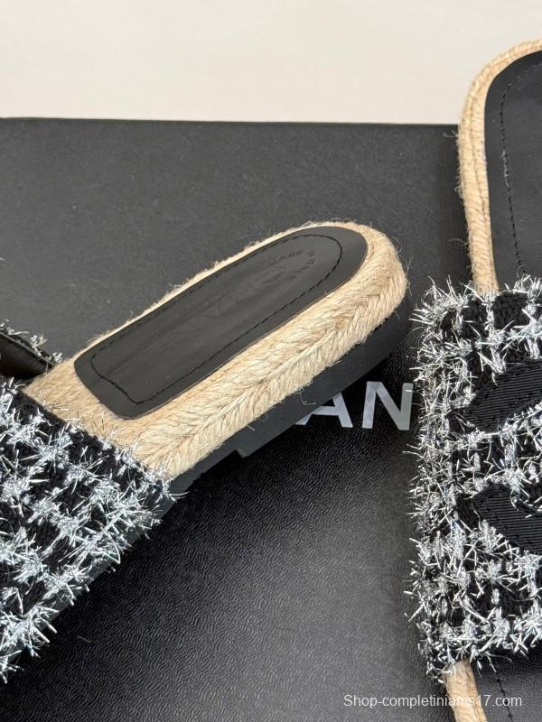2025 Slippers Chanel Black White Tweed Espadrille Handcrafted KFY00230