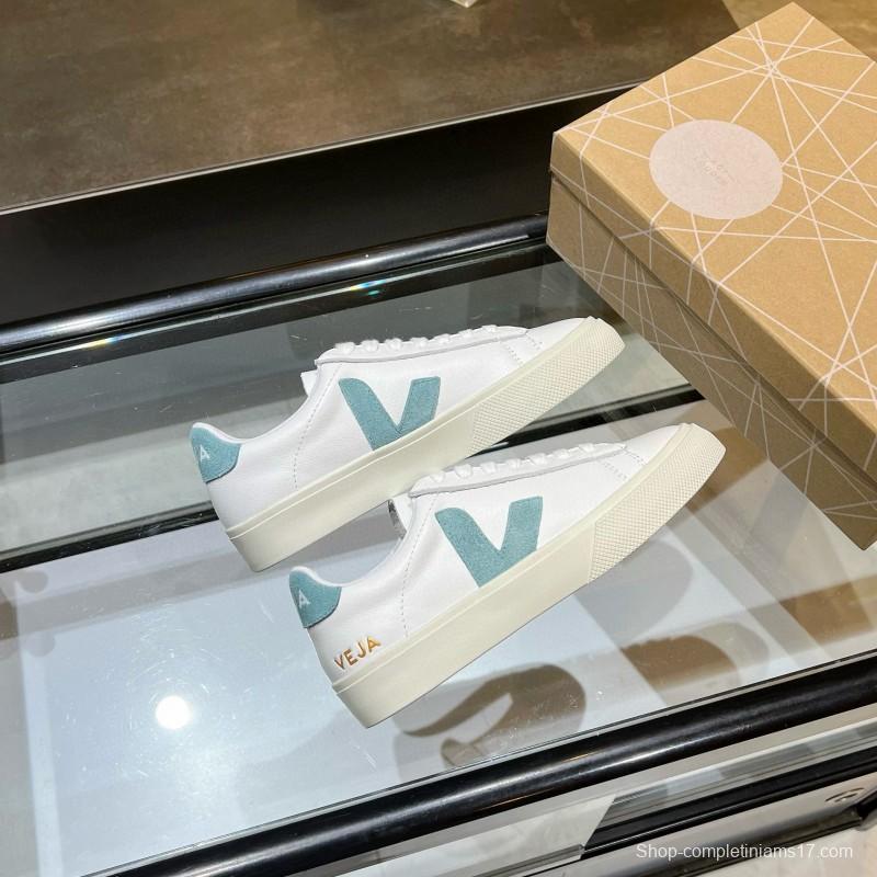 2025 Unisex VEJA White Blue Leather Canvas Sneakers Vulcanized MJ00240