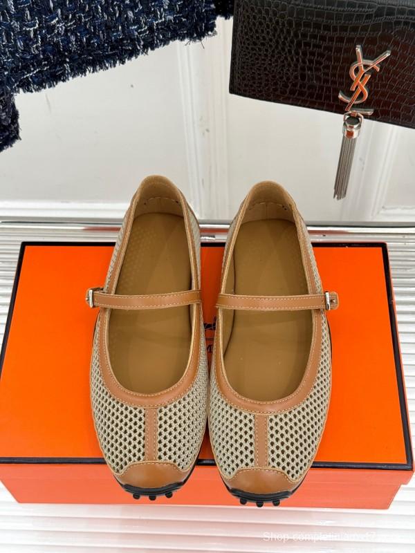 2025 Women Hermès Beige Mesh Leather Mary Jane