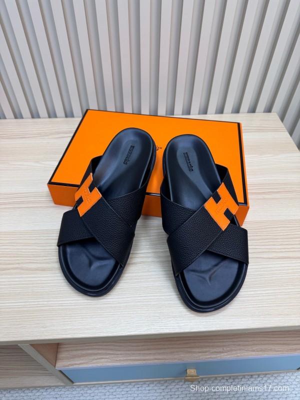 2025 Slippers Hermès Black Orange Leather Slippers