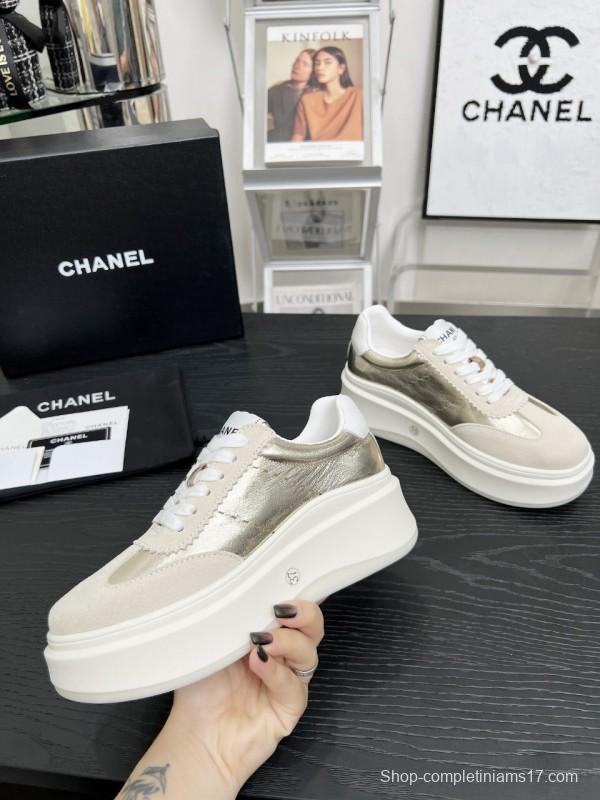 2025 Women Chanel Beige Gold Leather Suede Sneakers LY00290