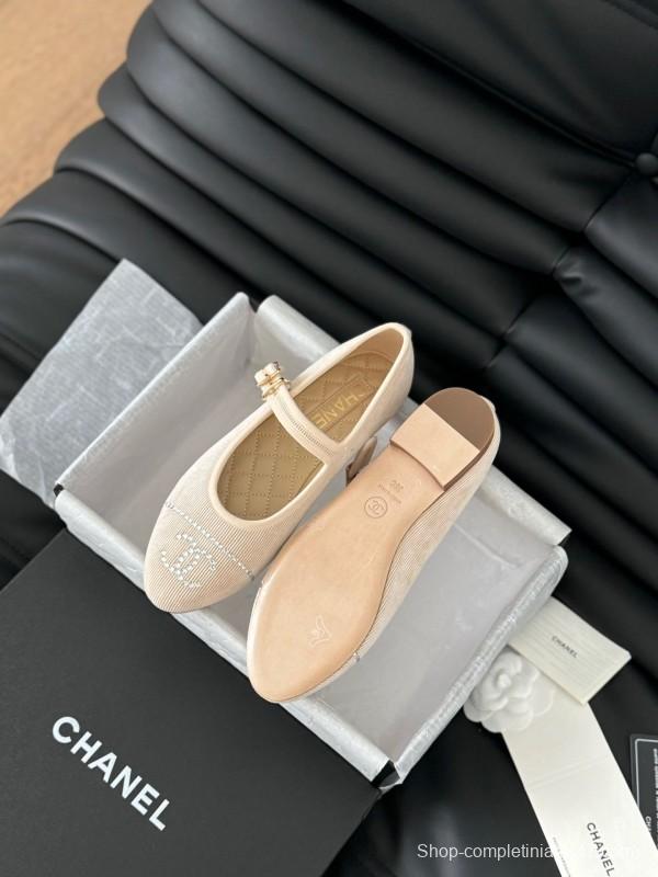 2025 Women Chanel Beige Fabric Mary Jane Embroidery LY00280