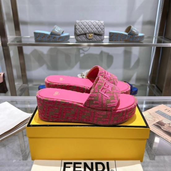 2025 Women Fendi Pink Canvas Slippers FF Jacquard KFY00240