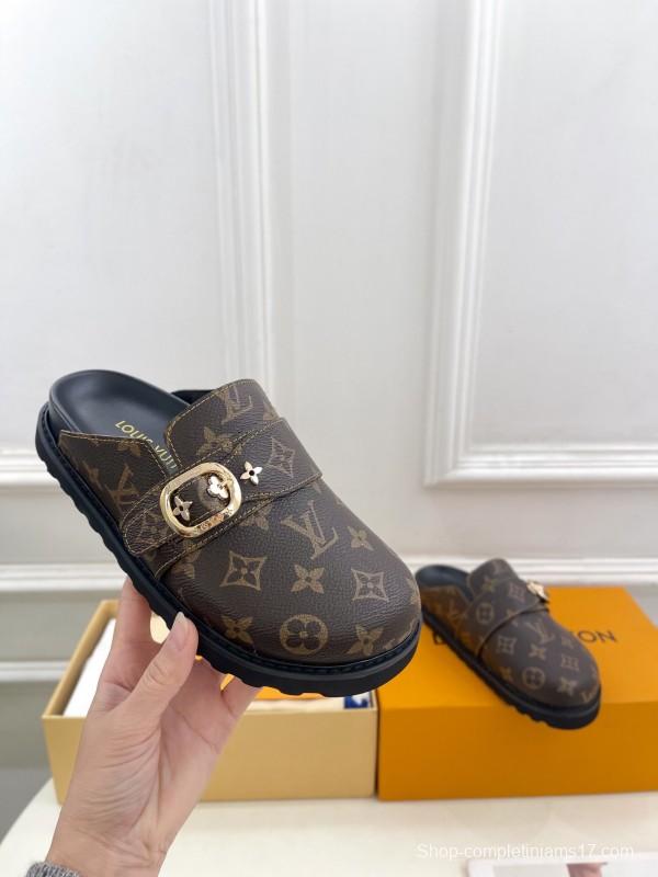 2025 Women Louis Vuitton Brown Leather Slippers Monogram KFY00300