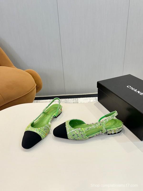 2025 Women Chanel Green Black Tweed Leather Slingback Flats LY00240