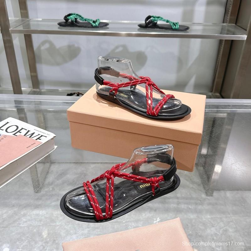 2025 Women Miu Miu Red Black Leather Rope Sandals KFY00200