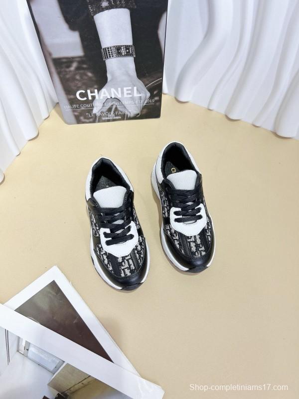 2024 Kids CHANEL Black White Leather Sneakers