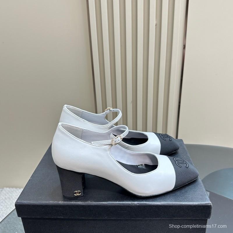 2025 Women Chanel White Black Leather Mary Jane Double Strap CC Logo KFY00290