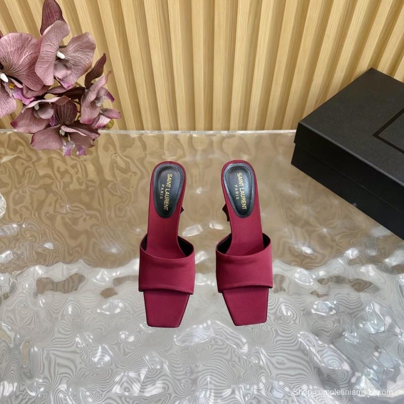 2025 Women Yves Saint Laurent Burgundy Satin High Heel Mules
