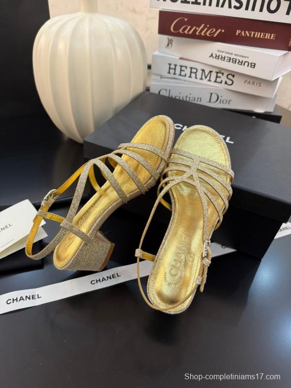 2025 Women Chanel Gold Fabric Sandals KFY00289