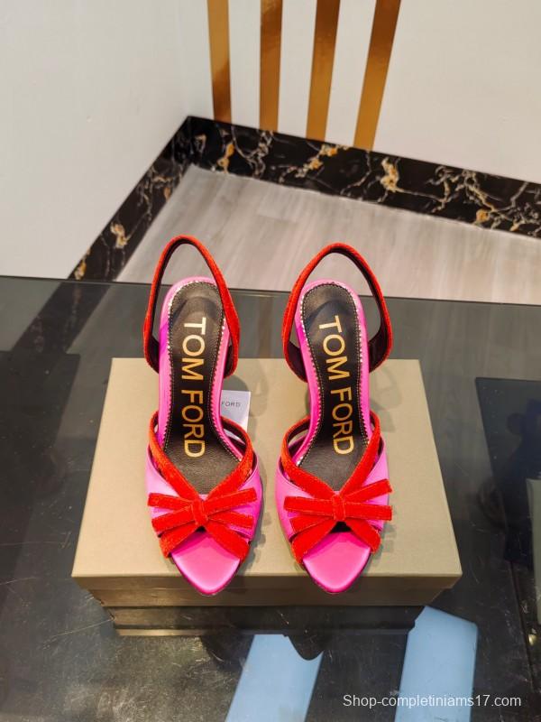 2025 Women TOM FORD Pink Red Velvet Silk High Heel Open Back Sandals