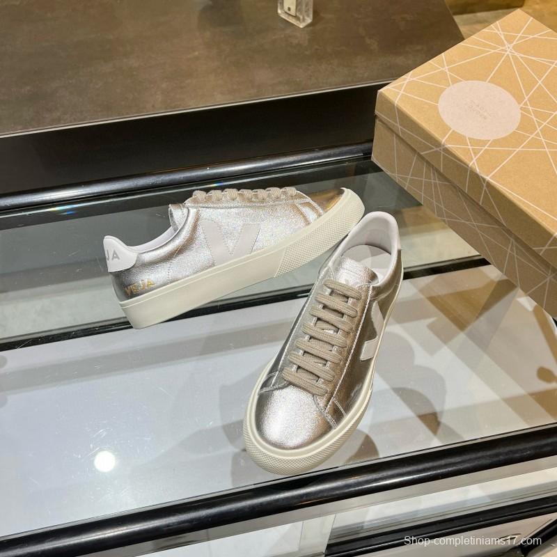 2025 Unisex VEJA Silver Leather Canvas Vulcanized Sneakers MJ00240