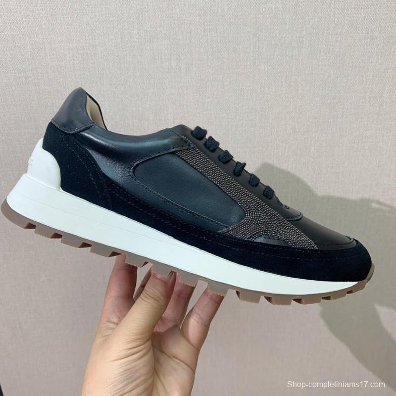 2025 Unisex Brunello Cucinelli Black Brown Leather Suede Sneakers LY