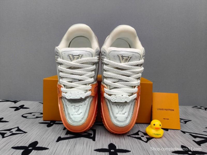 2025 Unisex Louis Vuitton Orange White Denim Leather Plimsolls Complex Wash KFY00510