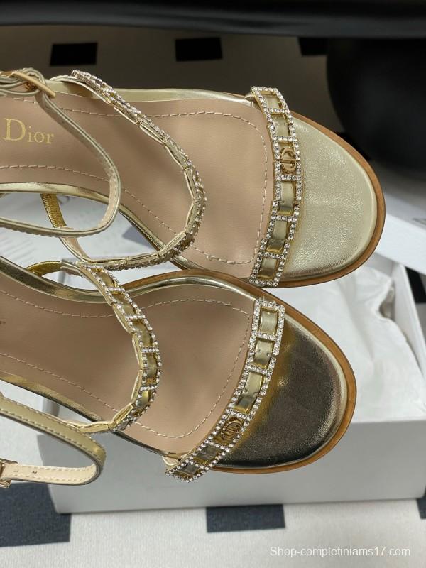 2025 Women Dior Gold Leather Crystal Block Heel Sandals
