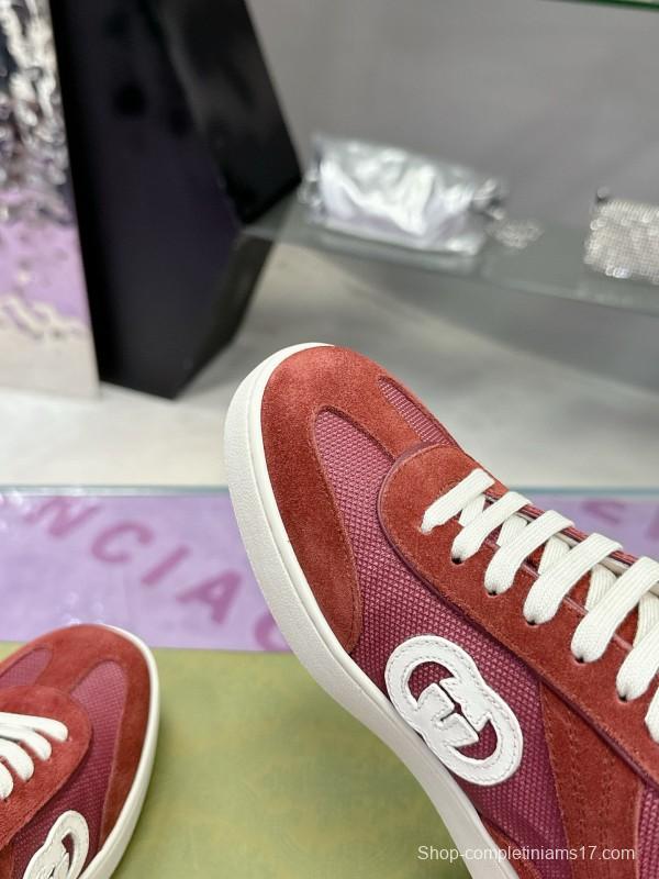 2024 Unisex Gucci Red Burgundy White Leather Suede Sneakers MJ00310