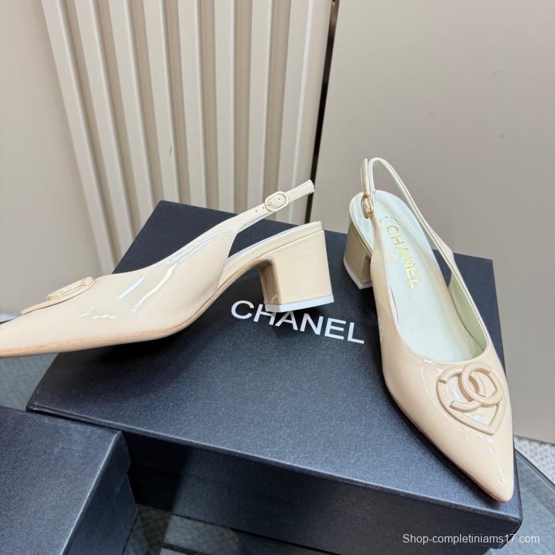 2025 Women Chanel Beige Patent Leather Slingback Heels