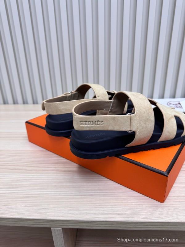 2025 Slippers Hermès Beige Black Suede Leather Sandals