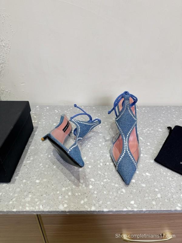 2025 Women Les Petits Joueurs Blue Denim Satin Leather Heels KFY00290