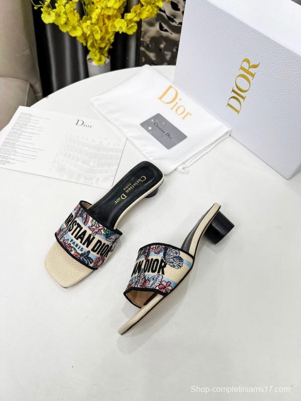 2025 Women Dior Black Beige Embroidery Mid Heel Slippers