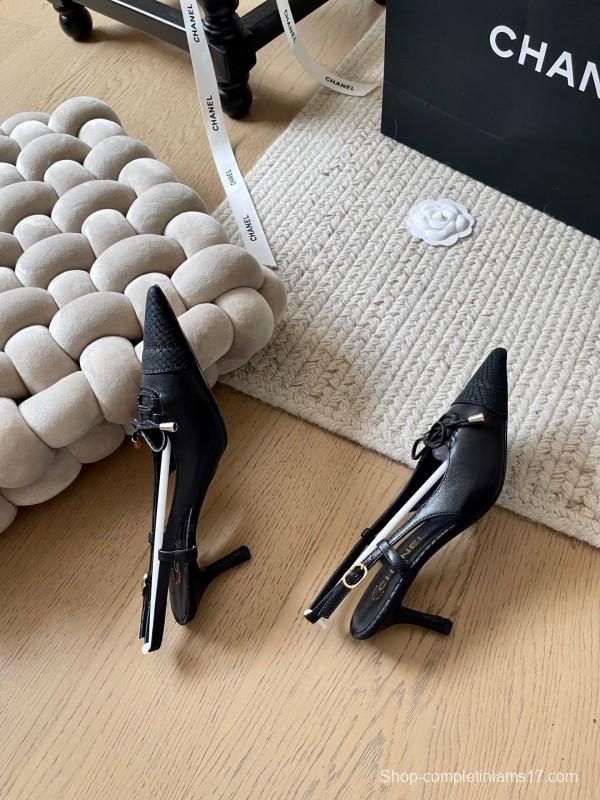 2025 Women Chanel Black Leather Slingback Bowknot Pumps KFY00320