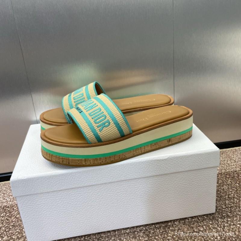 2025 Women Dior Blue Beige Fabric Leather Platform Slide Sandals