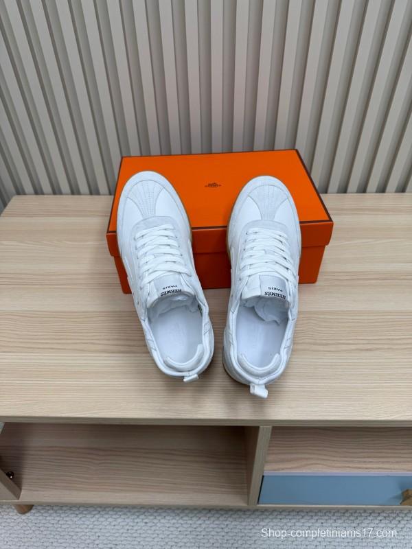 2025 Unisex Hermès White Suede Down Fabric Sneakers Top Version LY00310