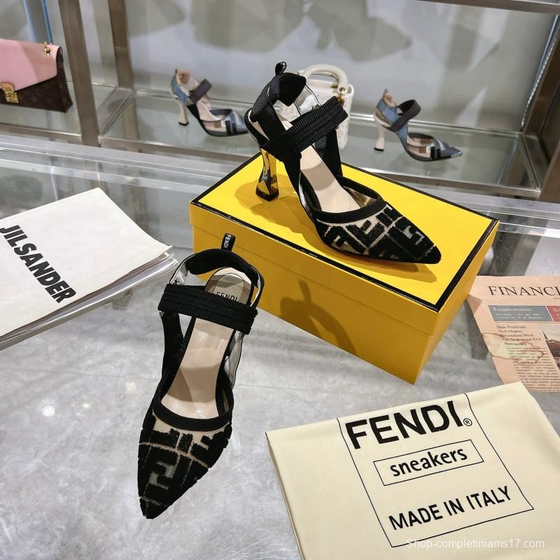 2025 Women Fendi Black Beige Fabric Leather High Heel MJ00280